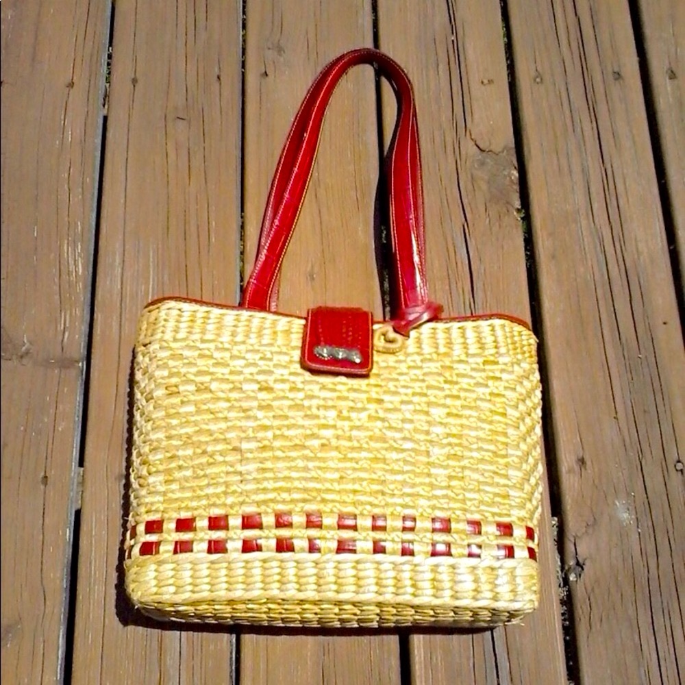 Brighton Red Leather Silver Heart Woven Shoulder Basket Tote Shoulder Bag Purse